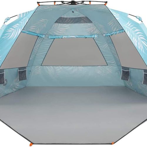 Enhanced (Prints) Deluxe XL Beach Tent 4-6 Person Popup Sun Shelter 99″ Wide for Family UPF 50+ Double Silver Coated with Extended Zippered Porch Palm Tree Leaves