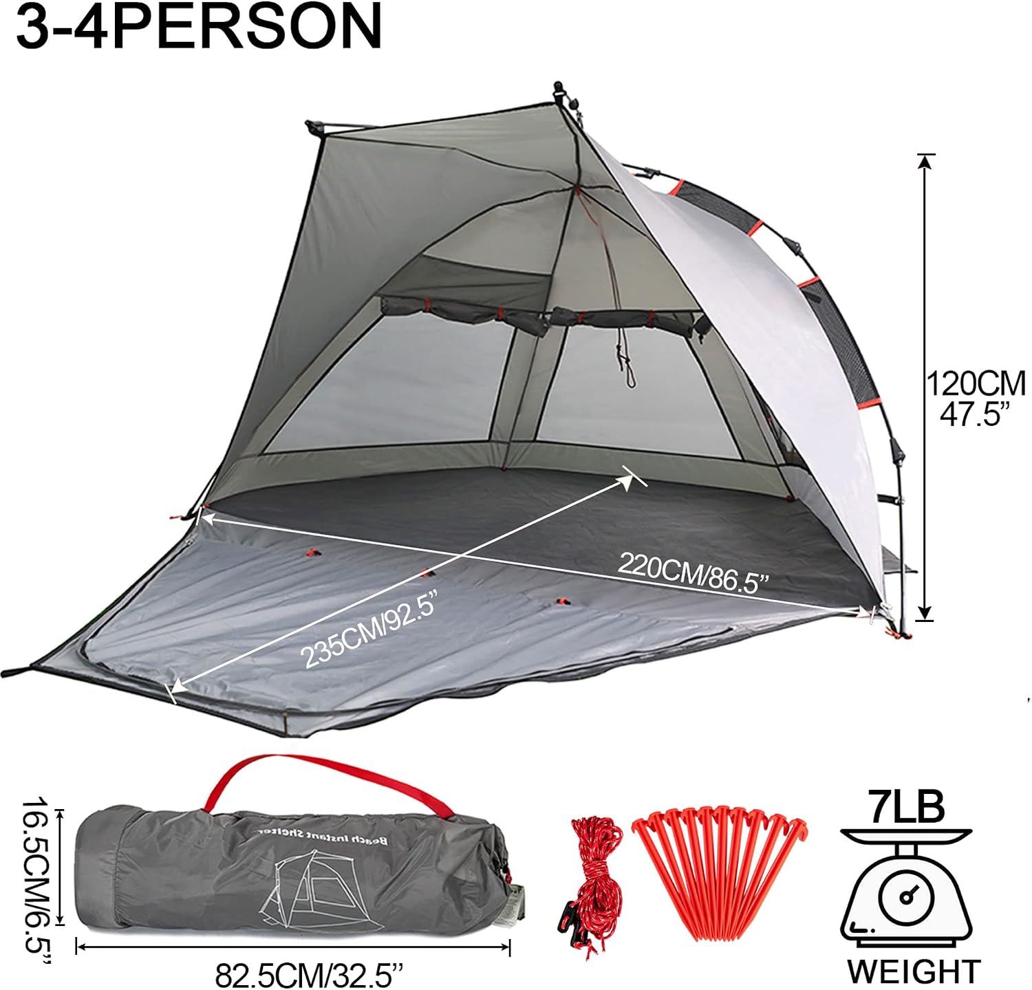 Beach Tent Sun Shelter 3-4 Person Easy Setup Portable Sunshade Canopy Large,Extended Floor,Stakes,Sand Pockets,UPF 50+ Waterproof Windproof Outdoor Camping Fishing Picnic - Image 2